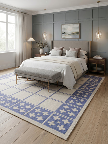 Periwinkle Windowpane Cross Modern Blue & Cream Wool Cotton Dhurrie Rug