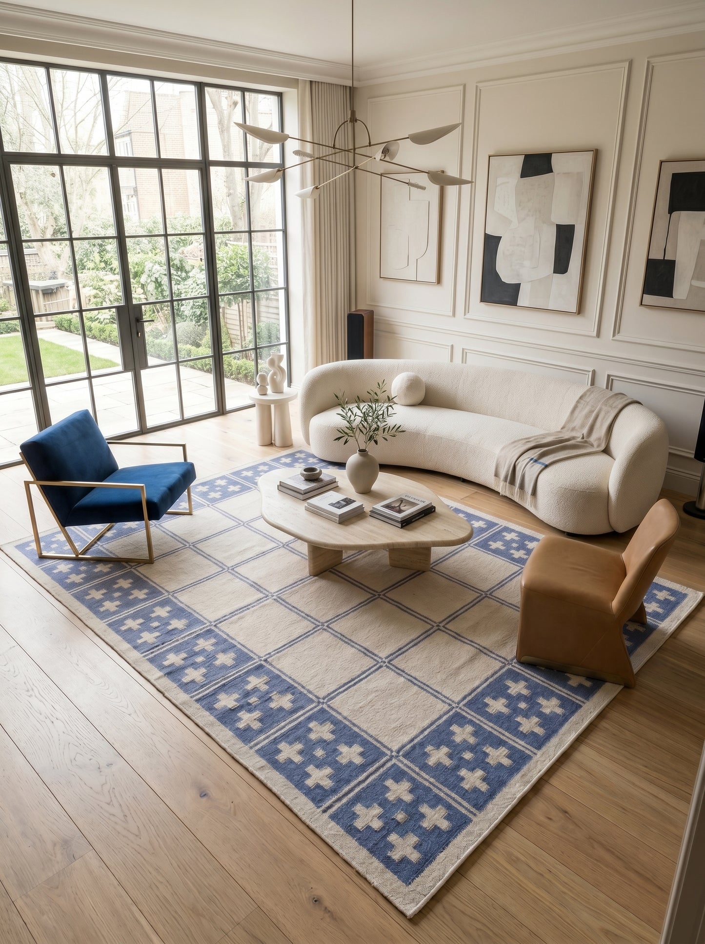 Periwinkle Windowpane Cross Modern Blue & Cream Wool Cotton Dhurrie Rug