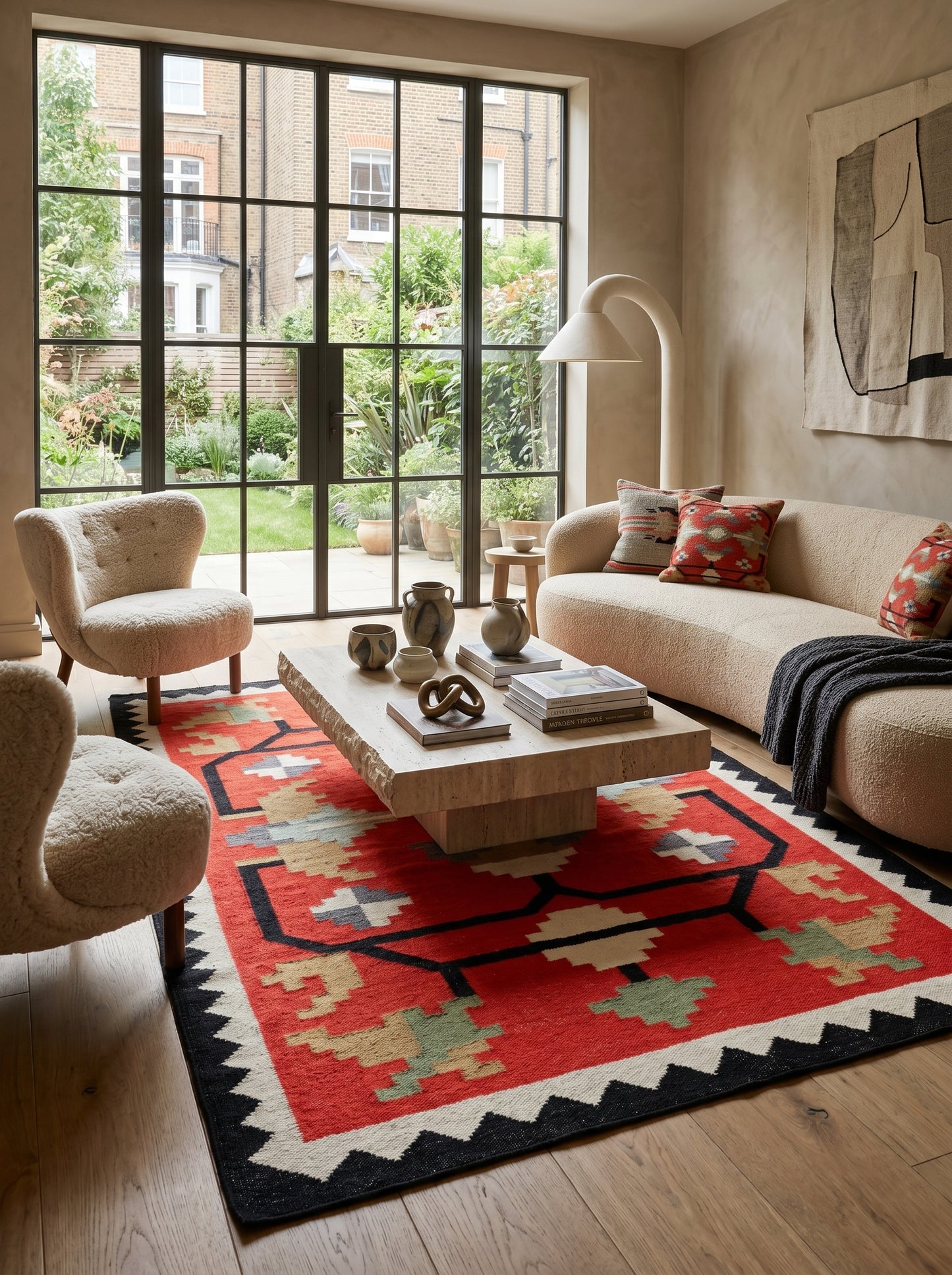 Crimson Sawtooth Heritage Traditional Red & Black Wool Cotton Dhurrie Rug