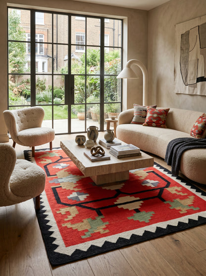 Crimson Sawtooth Heritage Traditional Red & Black Wool Cotton Dhurrie Rug