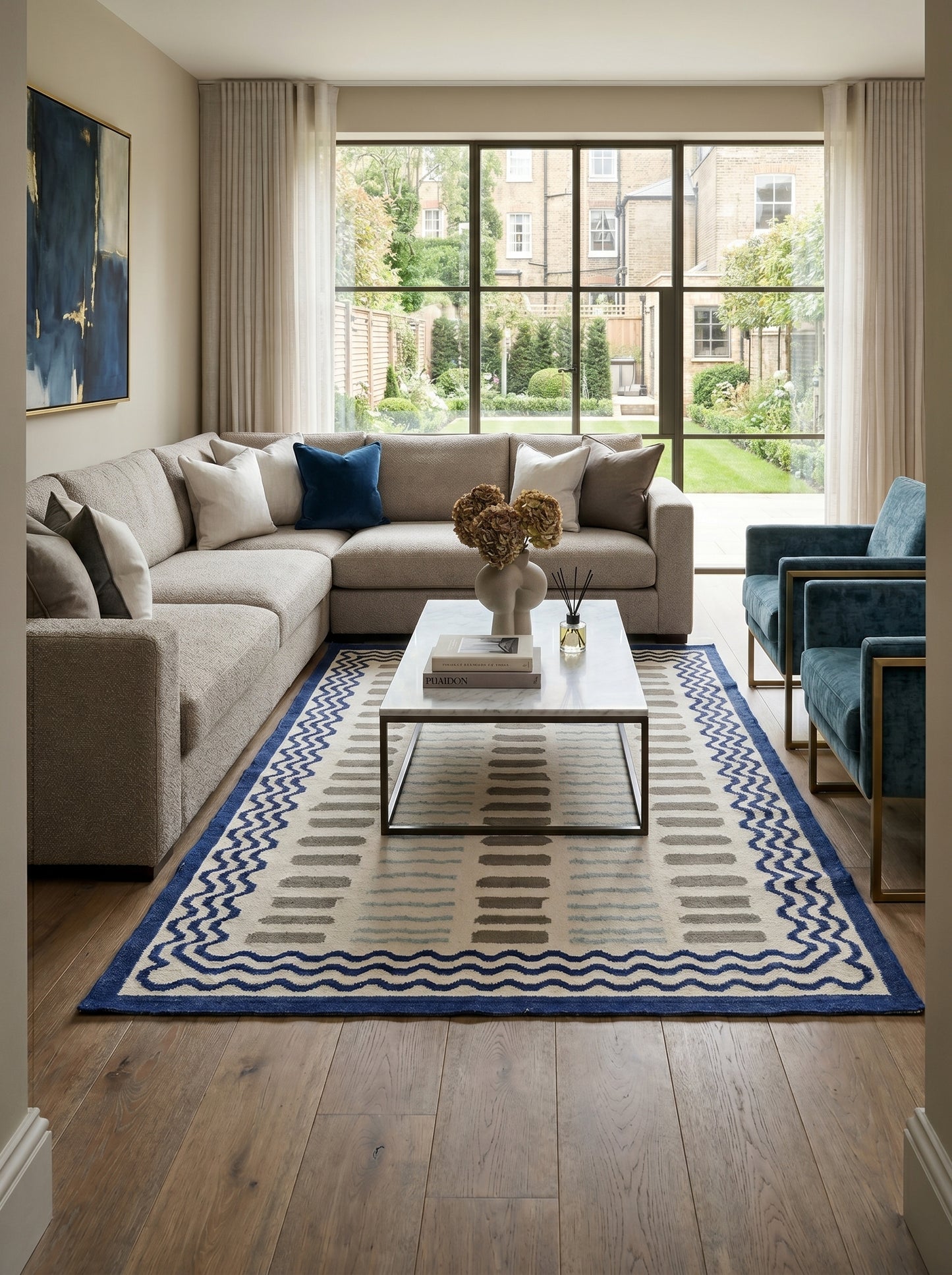 Azure Wave & Dash Abstract Rippled Wave Pattern Flatweave rug