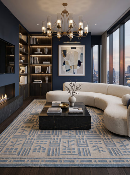 Denim Twig Lattice Blue & Beige Wool Cotton Dhurrie Rug