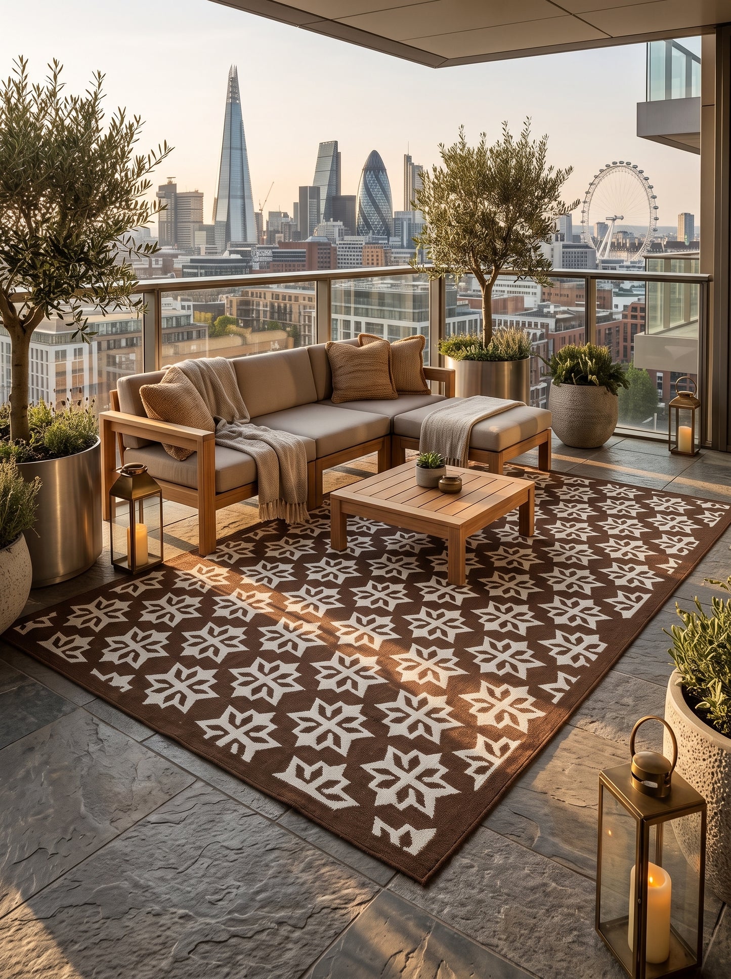 Chocolate Blossom Crest Geometric Starburst Motif Flatweave Area Rug