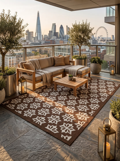 Chocolate Blossom Crest Geometric Starburst Motif Flatweave Area Rug