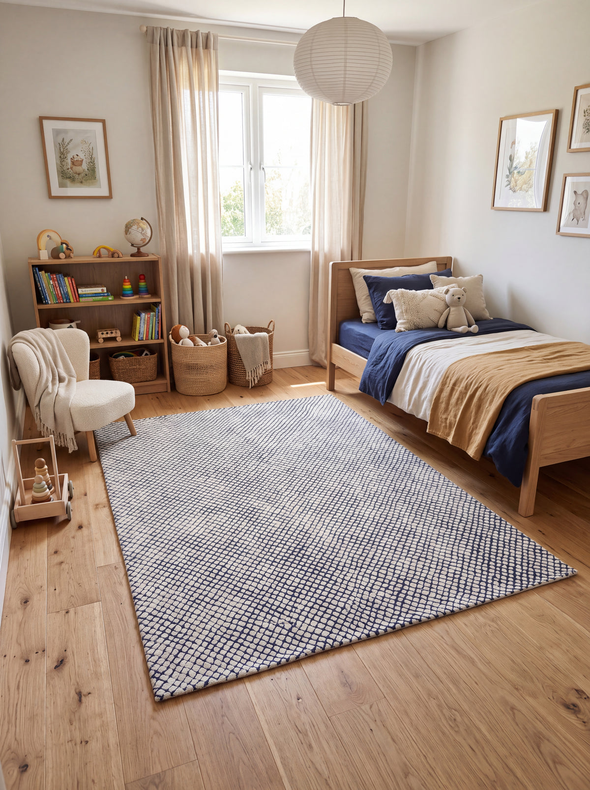 Blue & Ivory Hand Tufted Wool Rug, Modern Checkered Area Rug