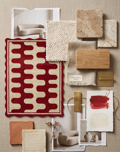 Hand Tufted Wool Rug, Red Cream Geometric Carpet, Wavy Scalloped Border Area Rug