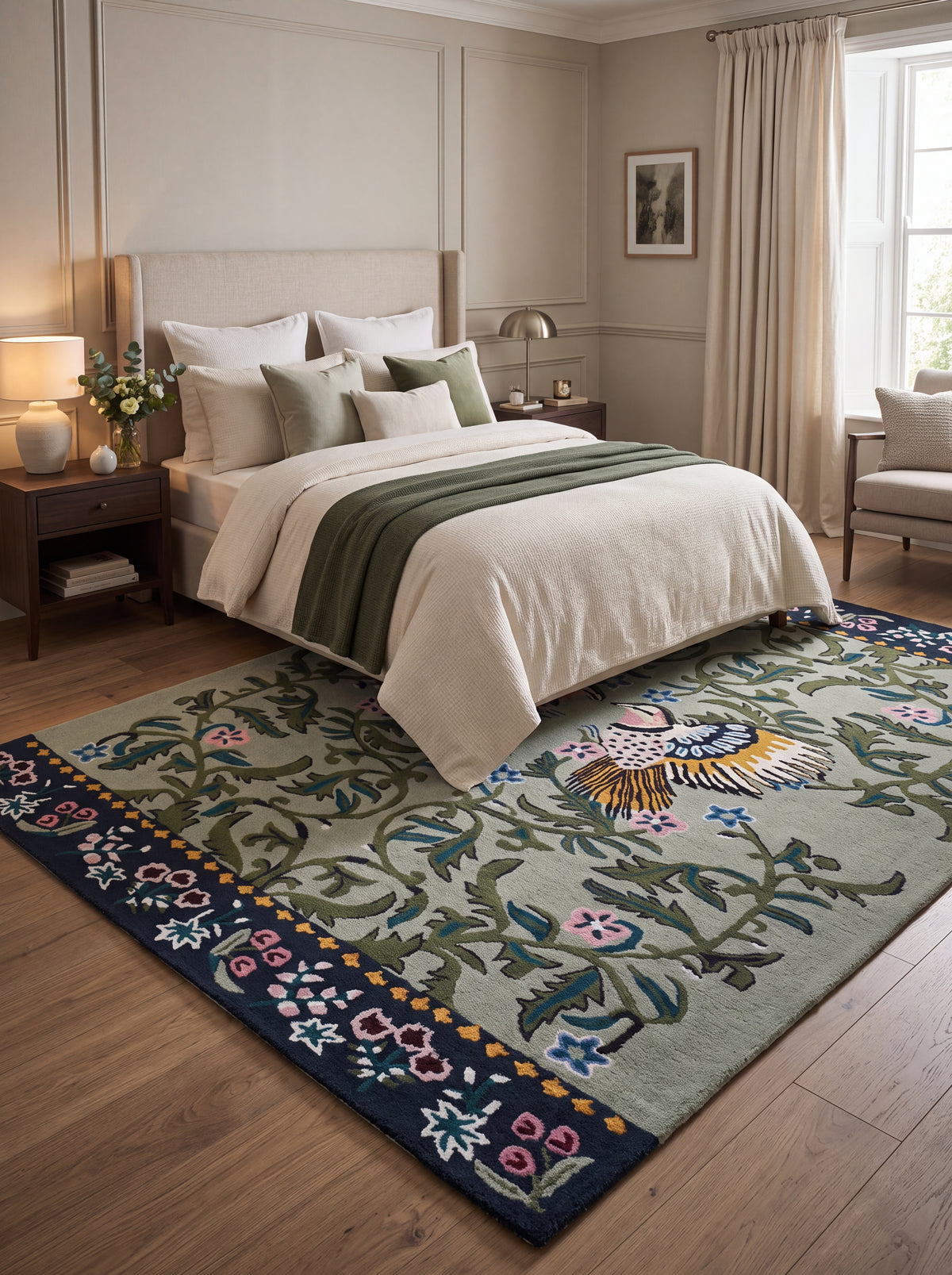 Hand-Tufted Wool Rug, Bird Floral Carpet, Nature-Inspired Area Rug, Custom-Size Wool Rug