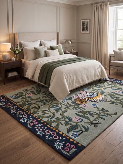 Hand-Tufted Wool Rug, Bird Floral Carpet, Nature-Inspired Area Rug, Custom-Size Wool Rug