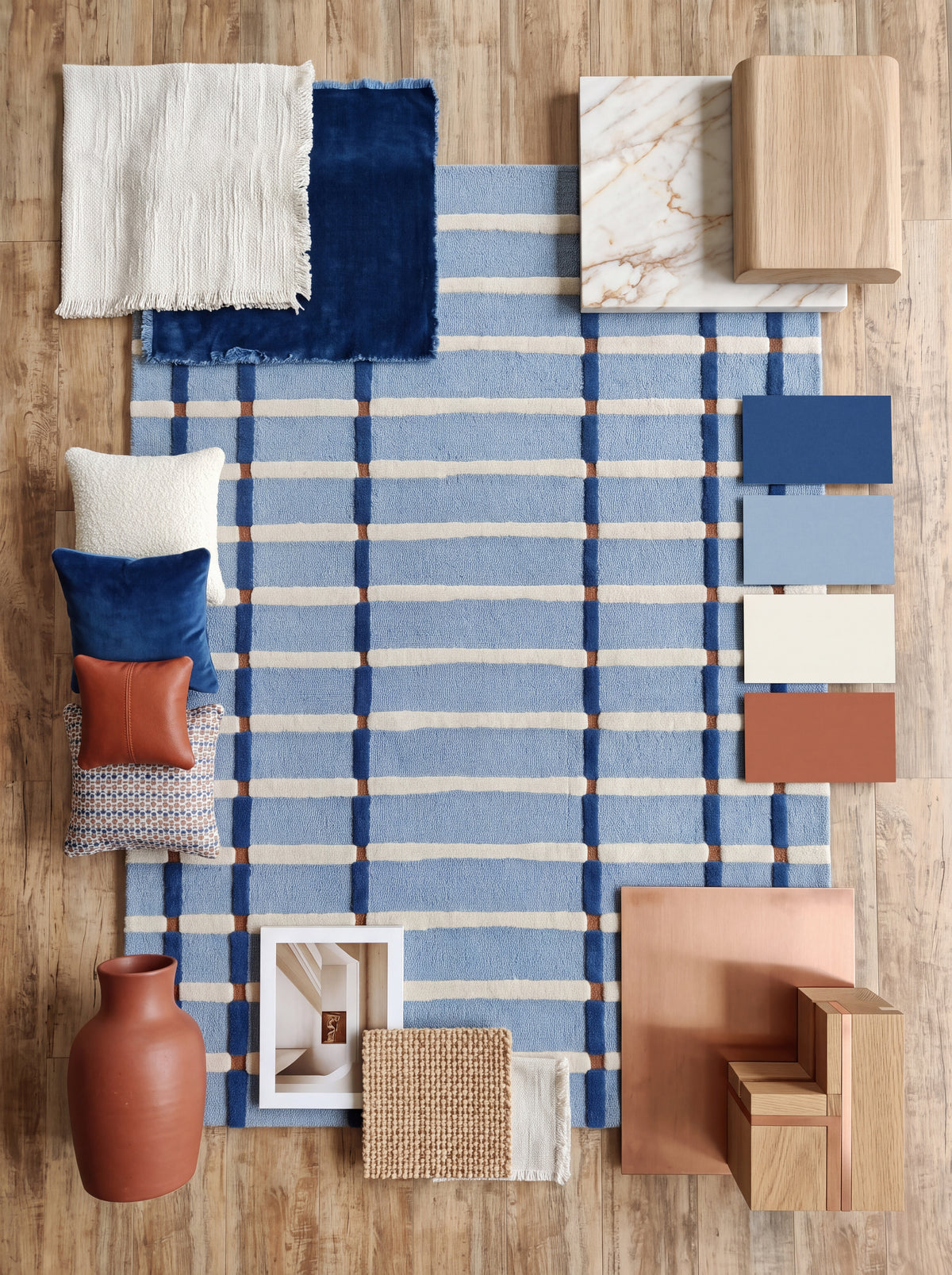 Powder Blue & Ivory Tartan Carpet, Aesthetic Coastal Checkered Tufted Rug for Living Room