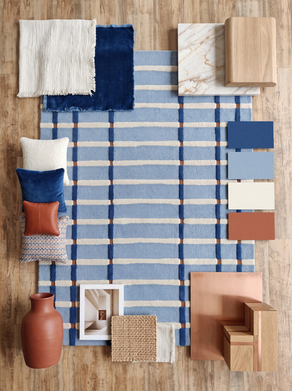 Powder Blue & Ivory Tartan Carpet, Aesthetic Coastal Checkered Tufted Rug for Living Room