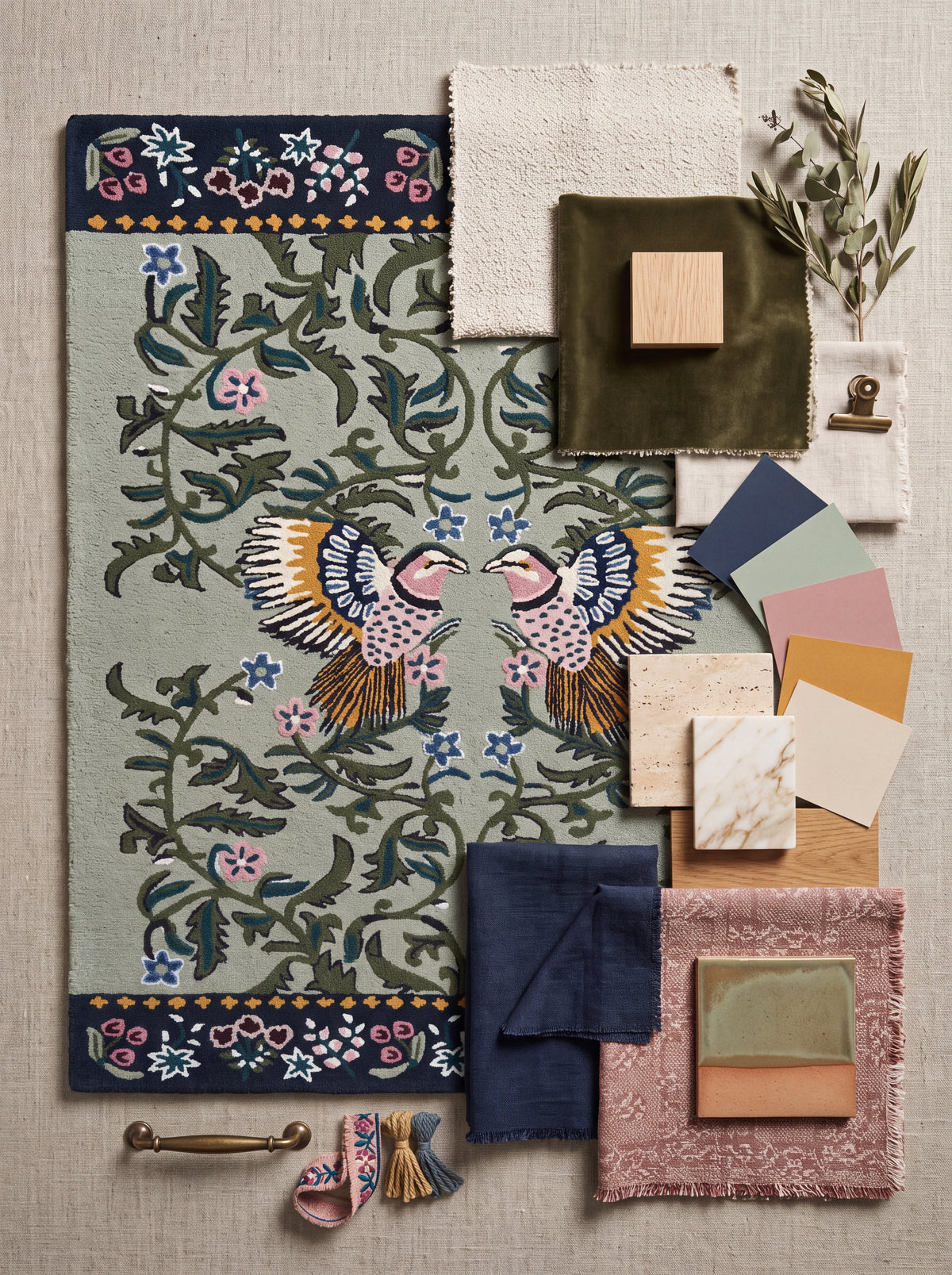 Hand-Tufted Wool Rug, Bird Floral Carpet, Nature-Inspired Area Rug, Custom-Size Wool Rug