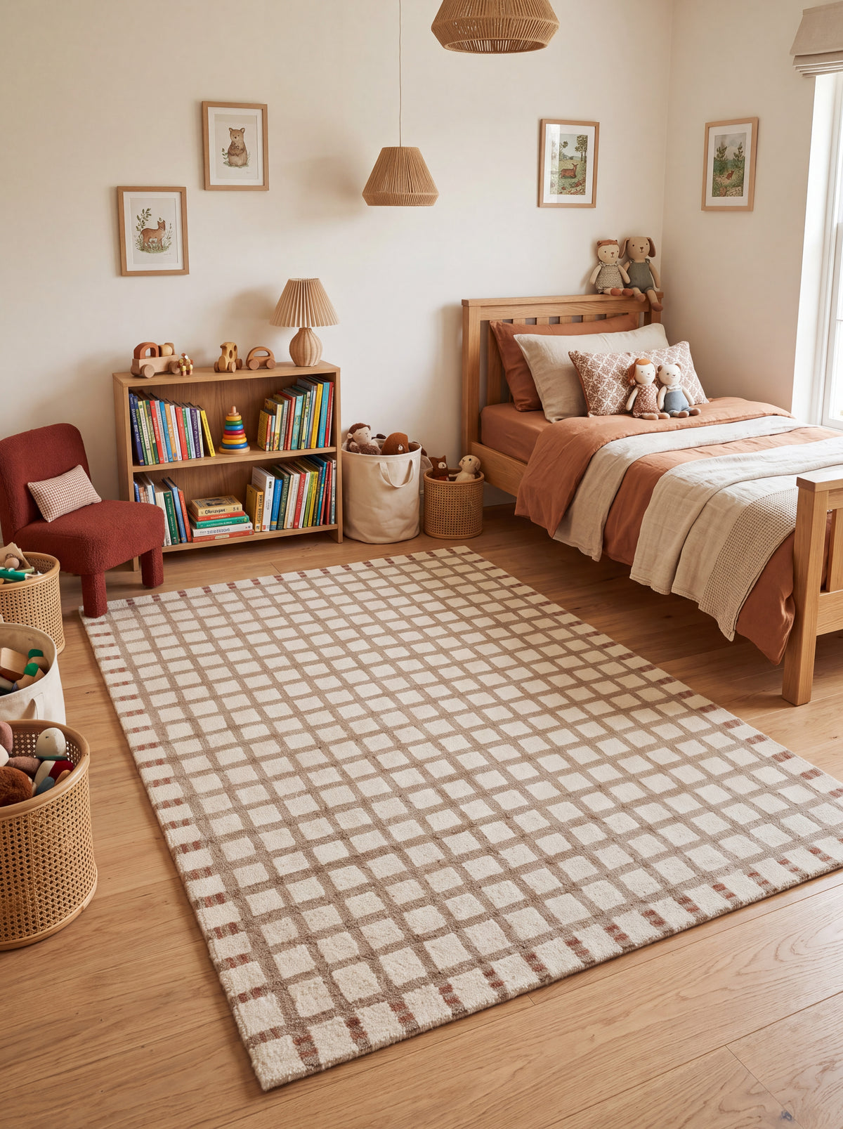 Hand Tufted Wool Rug, Beige Checkered Carpet, Rust Geometric Area Rug
