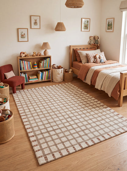 Hand Tufted Wool Rug, Beige Checkered Carpet, Rust Geometric Area Rug