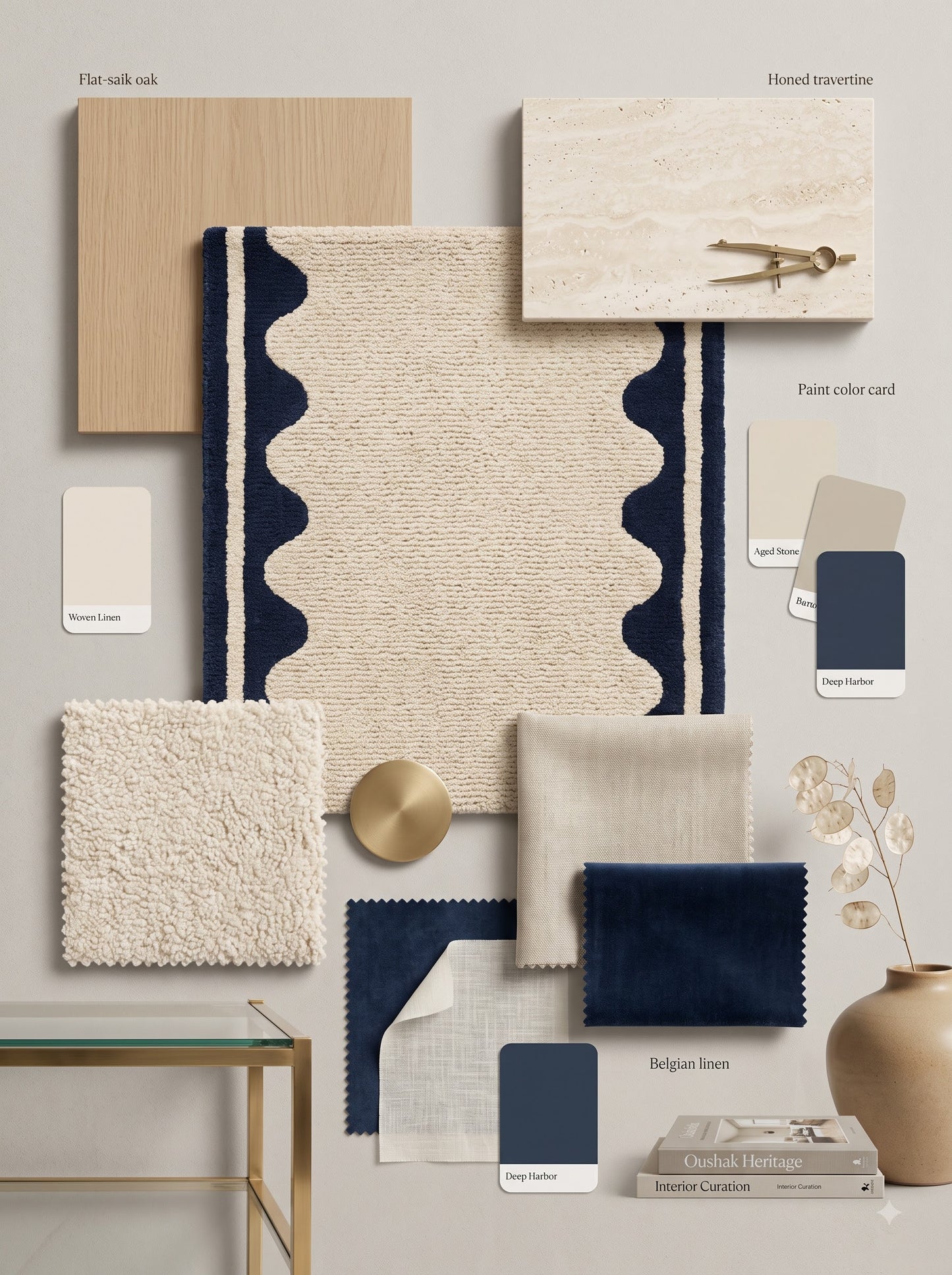 Hand Tufted Wool Runner Rug - Scalloped Navy Blue Border Ivory Hallway Carpet
