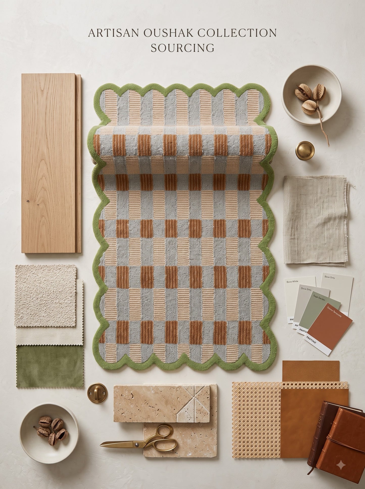 Scalloped Checkered Hallway Runner, Blue-Brown-Green Geometric Runner