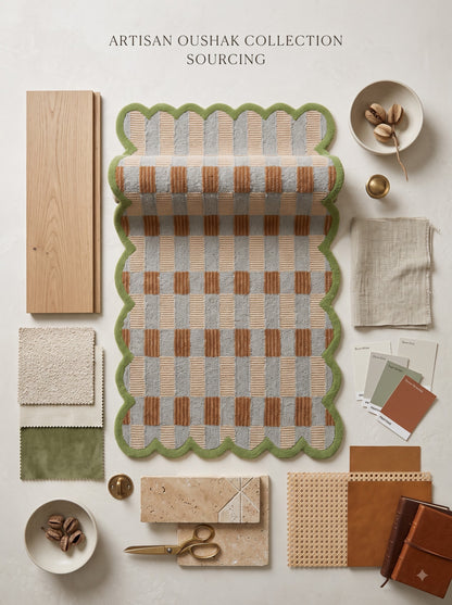 Scalloped Checkered Hallway Runner, Blue-Brown-Green Geometric Runner