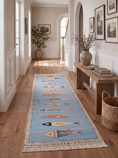 Hallway Runner Rug Blue Fish Pattern Oushak, Handmade Wool Animal Motif Stair runner rug