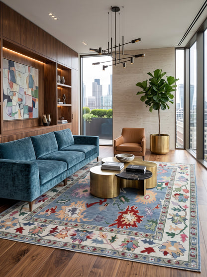 Hand Knotted Oushak Denim Blue & Cream Wool carpet