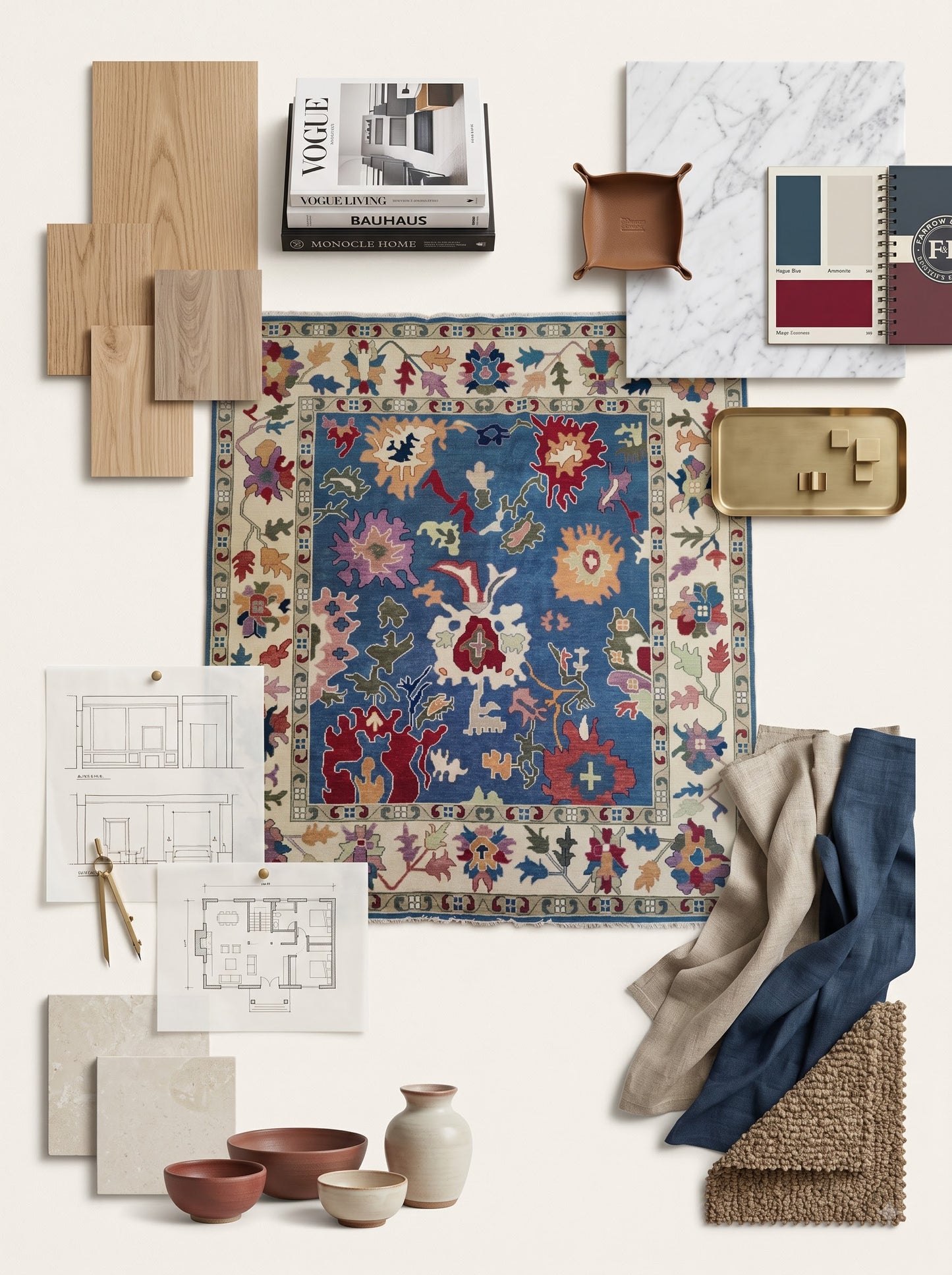 Hand Knotted Wool Oushak Rug Blue Anatolian Carpet