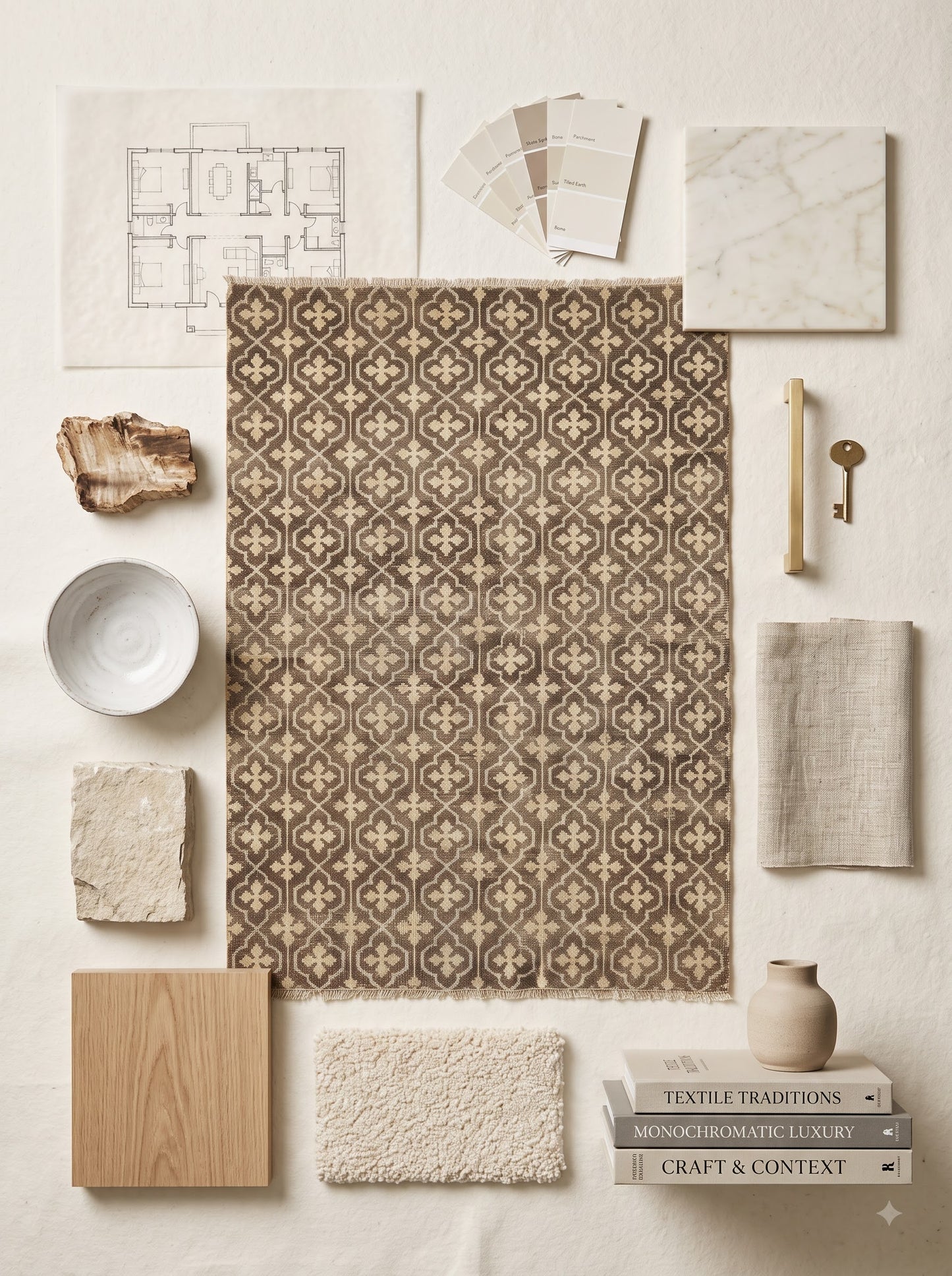 Charcoal Grey Hand Knotted Rug, Neutral Taupe & Cream Geometric Wool Area Rug