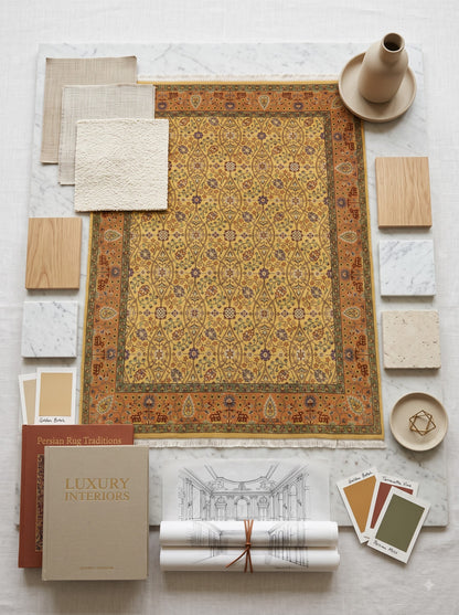 Hand-Knotted Wool Oushak Rug Gold Yellow Floral Carpet Rust Orange Border