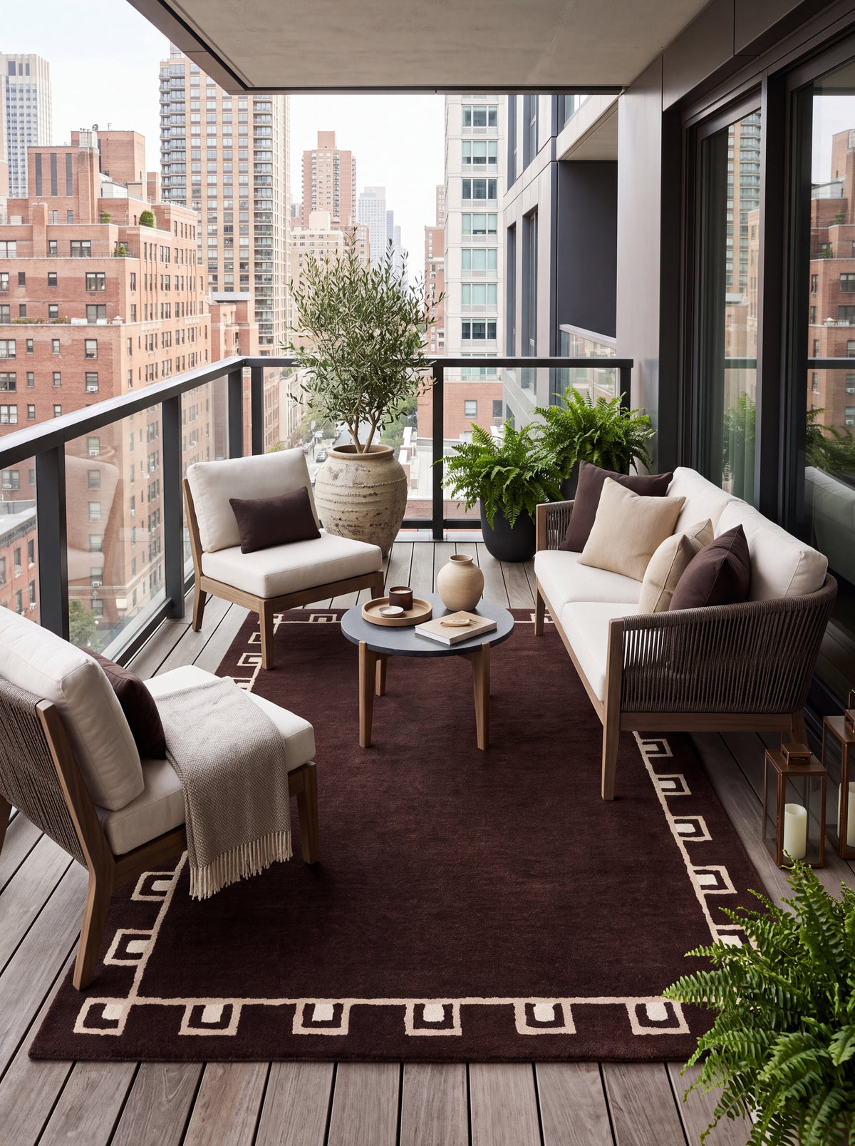 Hand-tufted Yves Bordered Wool Rug, Chocolate Brown Geometric Area Rug