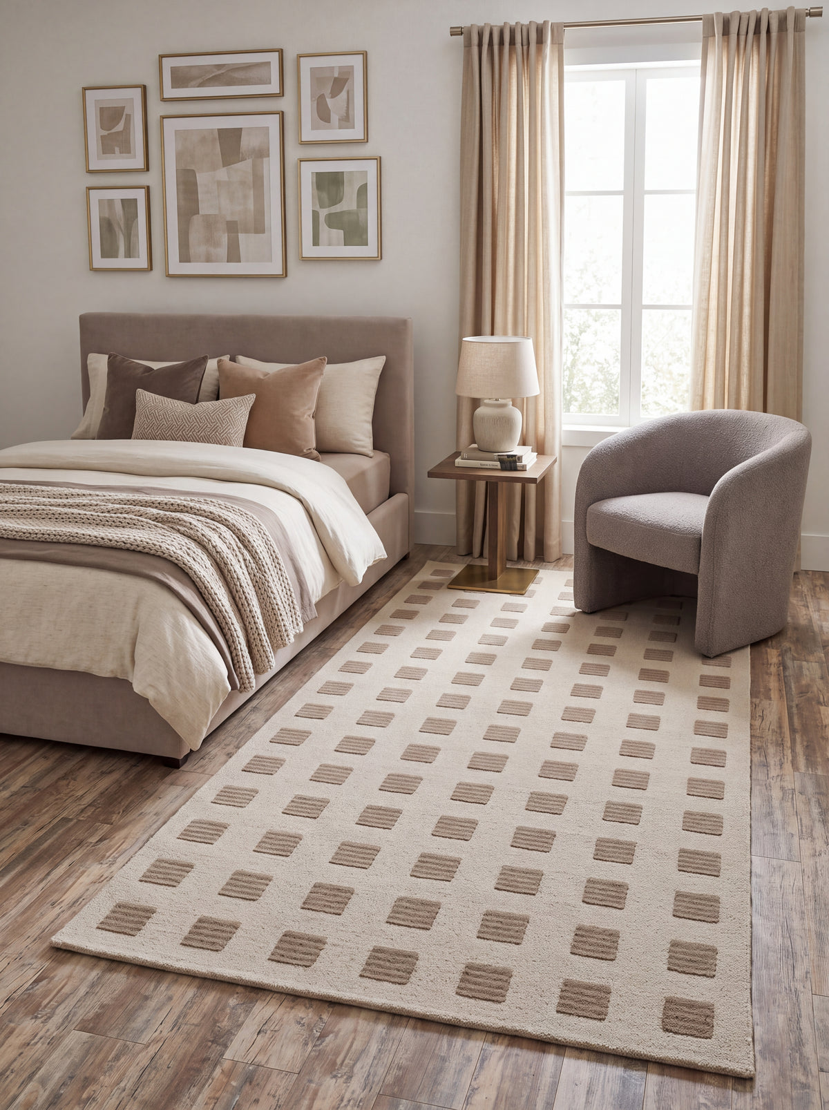 Modern Organic Grid Tufted Rug Handmade Wool Ivory Taupe Carpet