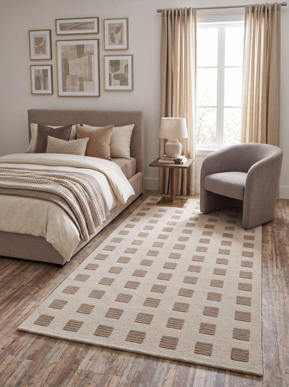 Modern Organic Grid Tufted Rug Handmade Wool Ivory Taupe Carpet