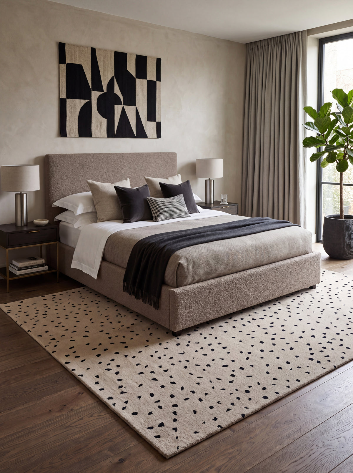 Oatmeal Beige & Black Minimalist Dot Carpet, Luxury Contemporary Wool Area Rug for Living Room