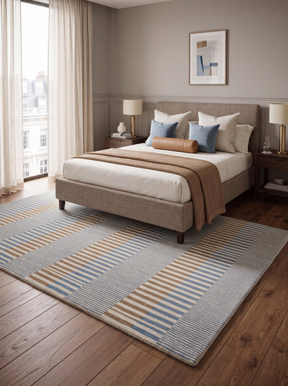 Coastal Horizon Hand-Tufted Wool Rug - Light Blue, Caramel & Cream Block Striped Carpet