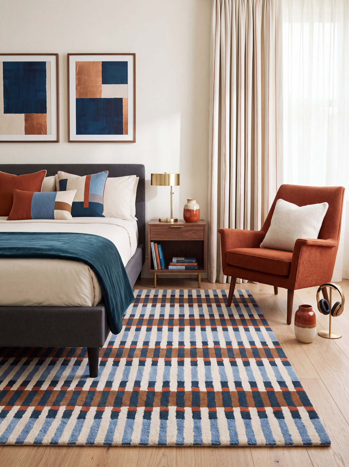 Bauhaus Barcode Hand-Tufted Wool Rug Navy Blue Terracotta & Cream Linear Block Carpet