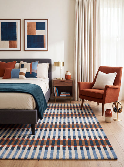 Bauhaus Barcode Hand-Tufted Wool Rug Navy Blue Terracotta & Cream Linear Block Carpet