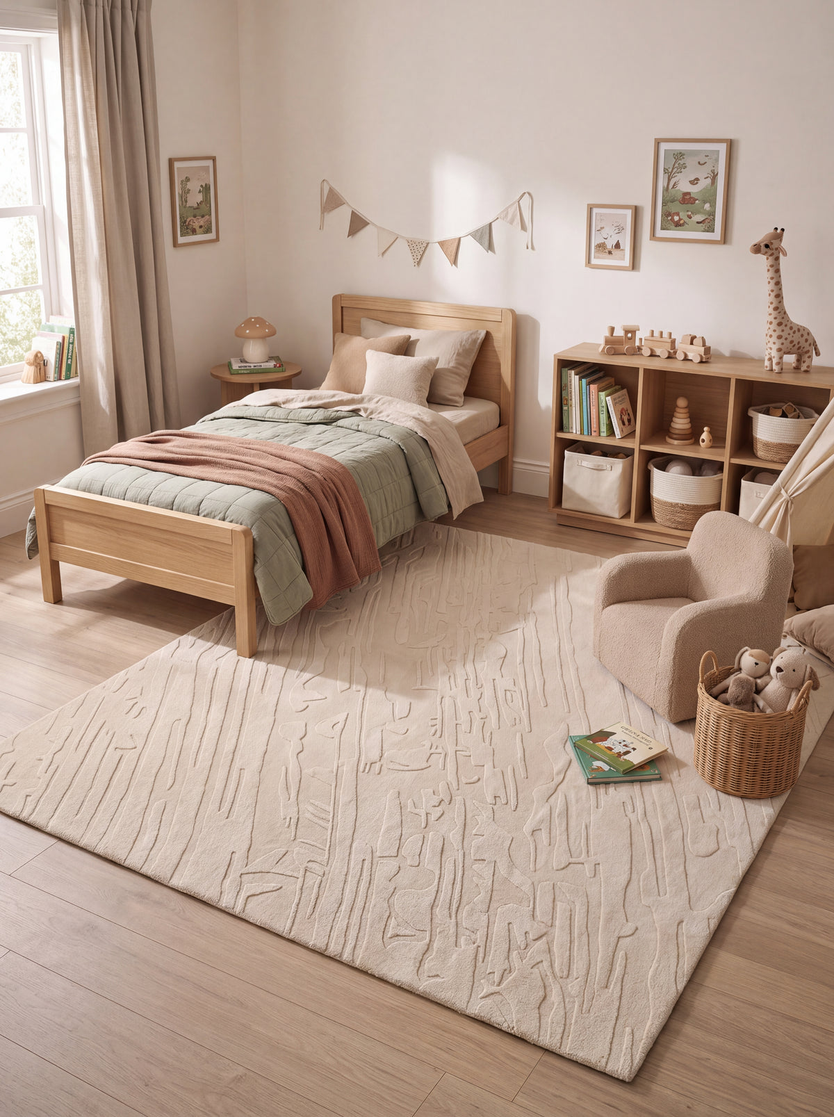 Hand-Tufted Wool Area Rug, Beige Minimalist Carpet, Contemporary Abstract Rug