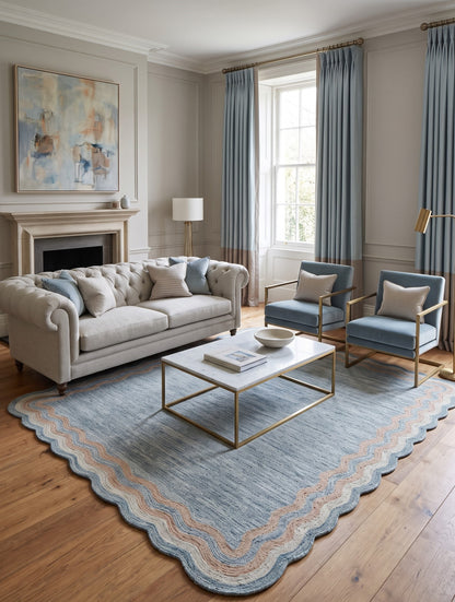 Hand Tufted Wool Carpet, Scalloped Border Rug, Modern Blue Area Rug