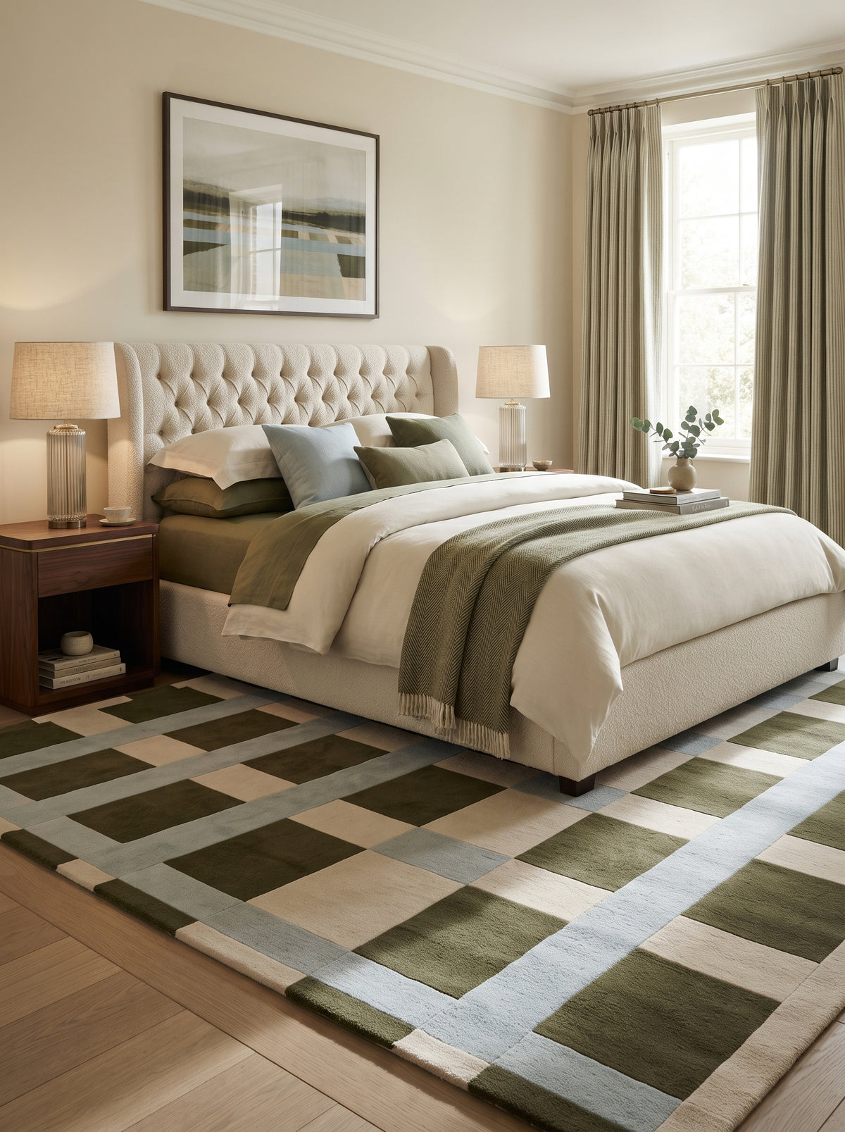 Blue Green Ivory Grid Pattern Designer Wool Carpet, Hand Tufted Wool Carpet