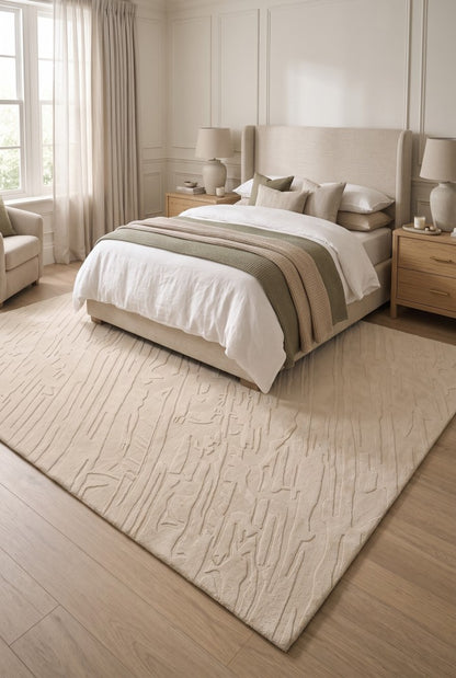 Hand-Tufted Wool Area Rug, Beige Minimalist Carpet, Contemporary Abstract Rug