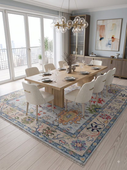 Vintage Floral Pastel Botanical Wool Hand Knotted Oushak Rug
