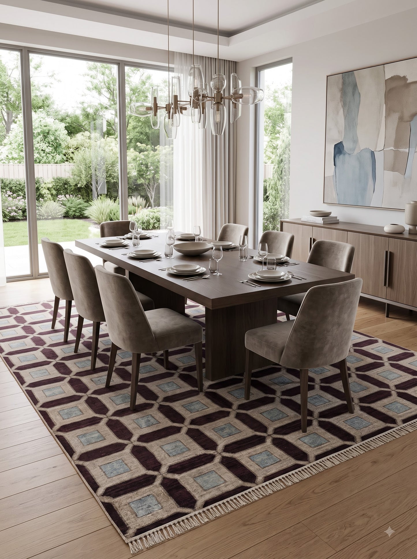 Plum & Ivory Architectural Checkered Lattice Grid Carpet for Living Room