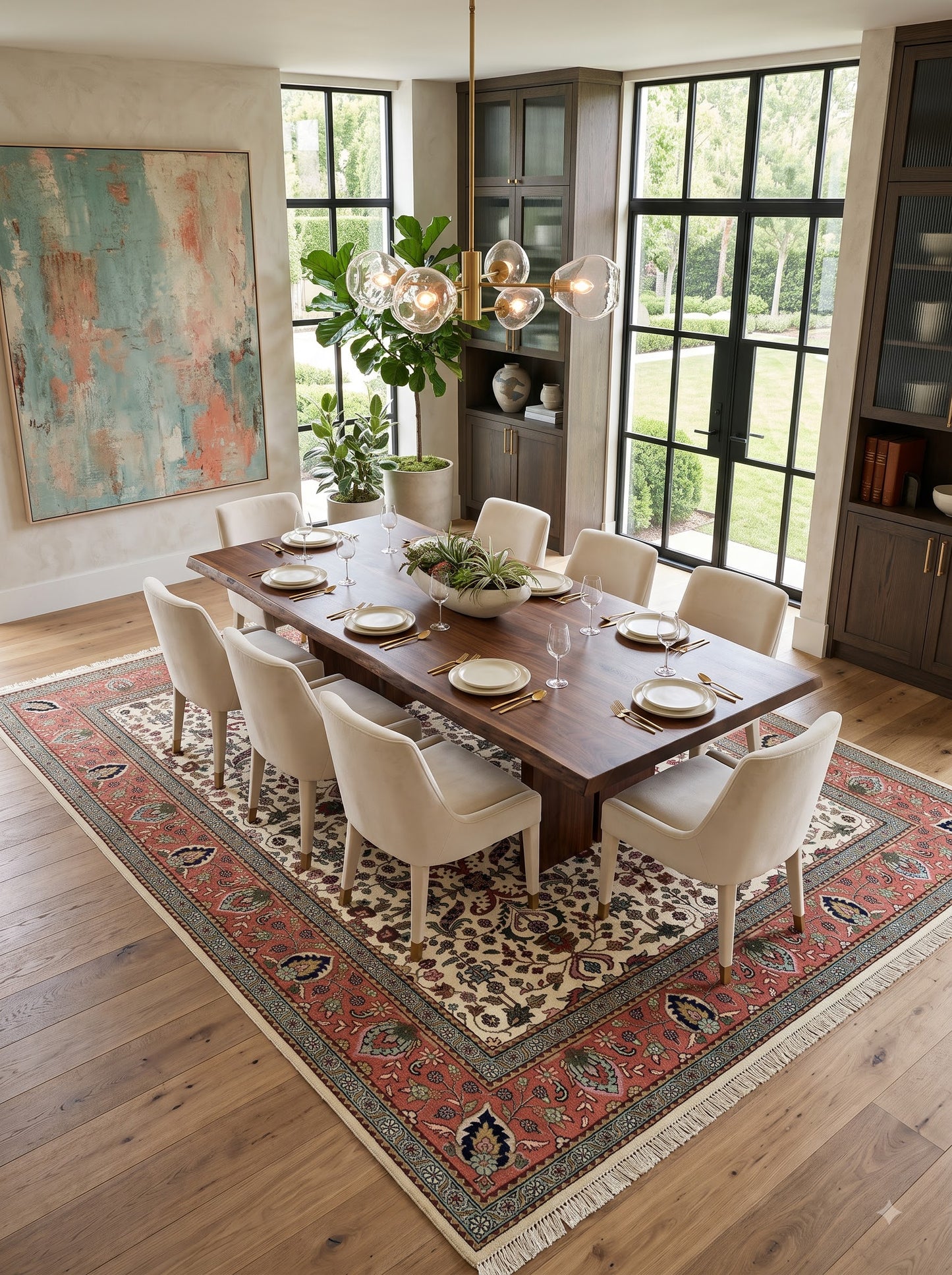 Traditional Botanical Pattern Red Ivory Designer Hand Knotted Floral Carpet