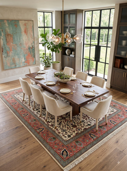Traditional Botanical Pattern Red Ivory Designer Hand Knotted Floral Carpet