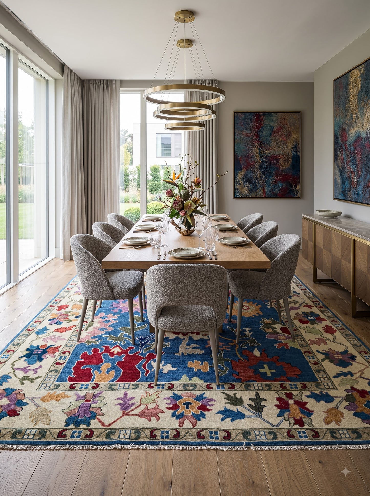 Hand Knotted Wool Oushak Rug Blue Anatolian Carpet