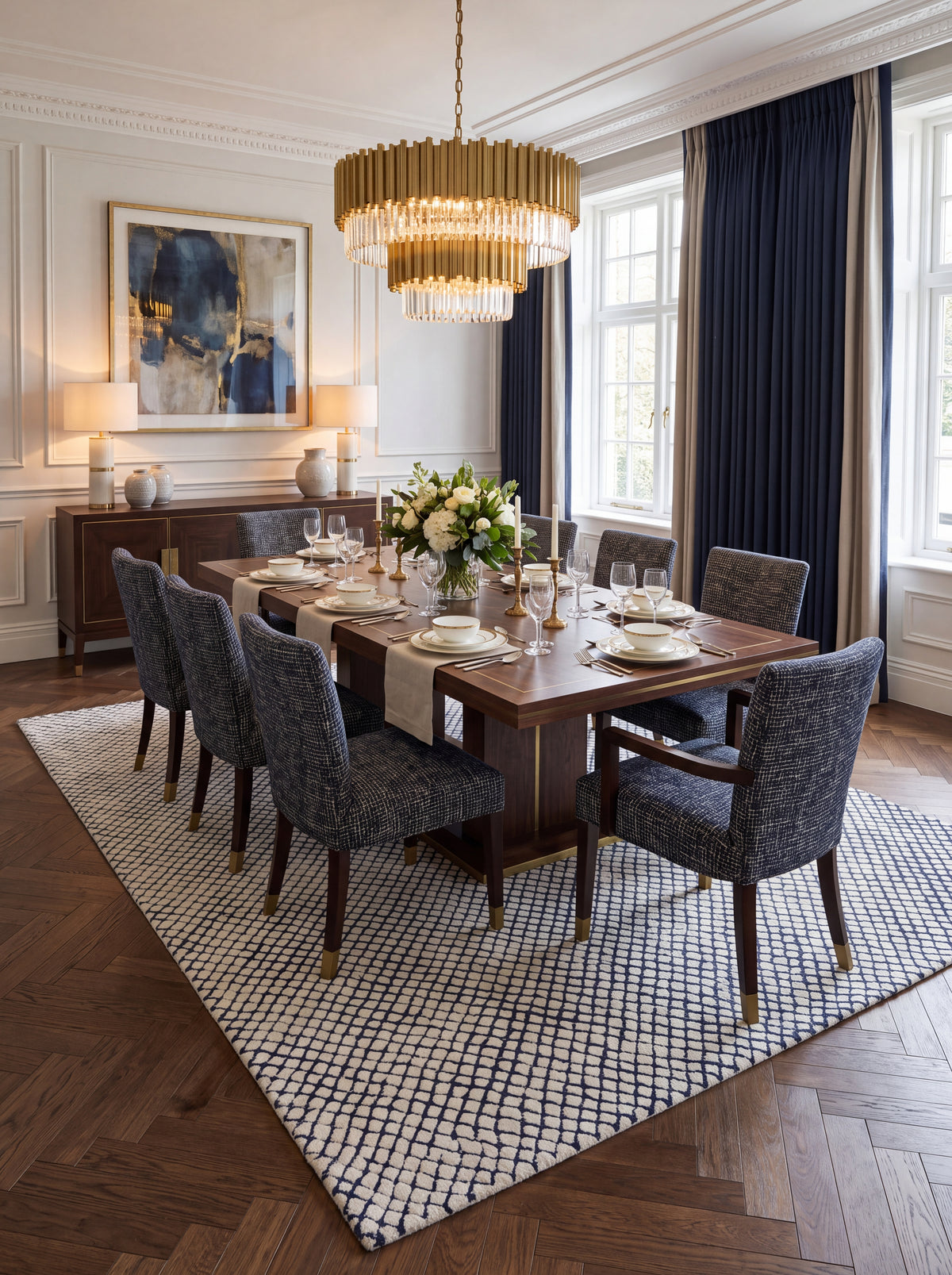 Blue & Ivory Hand Tufted Wool Rug, Modern Checkered Area Rug