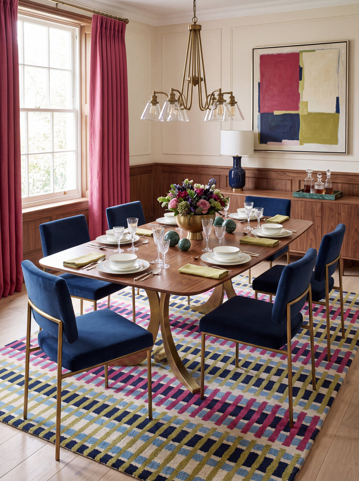 Magenta Pink & Lime Green Striped Tufted Carpet, Retro Geometric Living Room Floor Rug