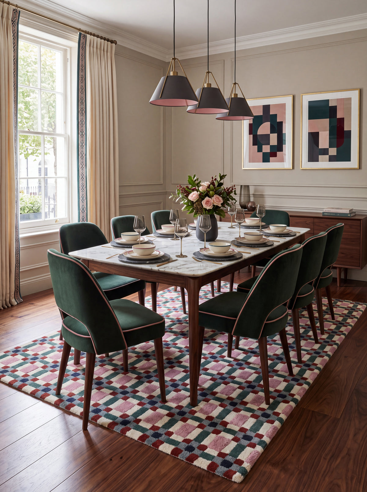 Pastel Pink & Green Checkered Rug, Modern Geometric Grid Living Room Carpet