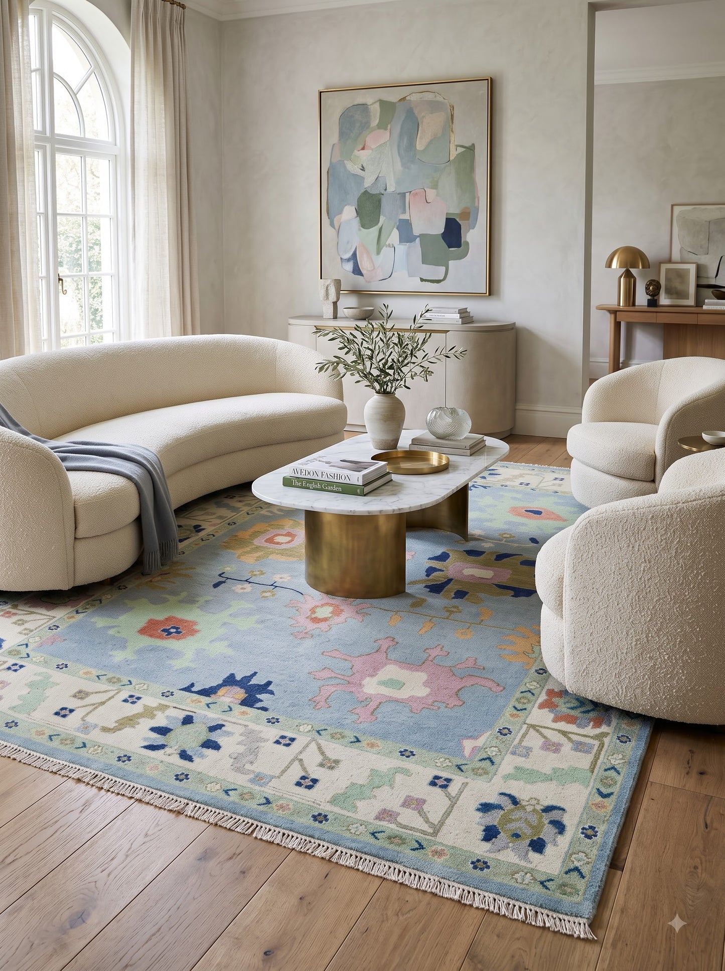 Handmade Turkish Oushak Rug Sky Blue Floral Wool Carpet