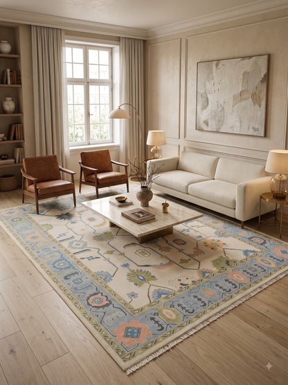 Handmade Wool Oushak Rug Sea Blue Border Floral Design Carpet