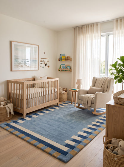 Dusty Blue Geometric Tufted Rug, Handmade Wool Area Rug Modern Nursery & Living Room Carpet