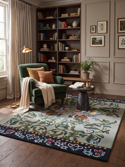 Hand-Tufted Wool Rug, Bird Floral Carpet, Nature-Inspired Area Rug, Custom-Size Wool Rug