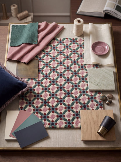 Pastel Pink & Green Checkered Rug, Modern Geometric Grid Living Room Carpet