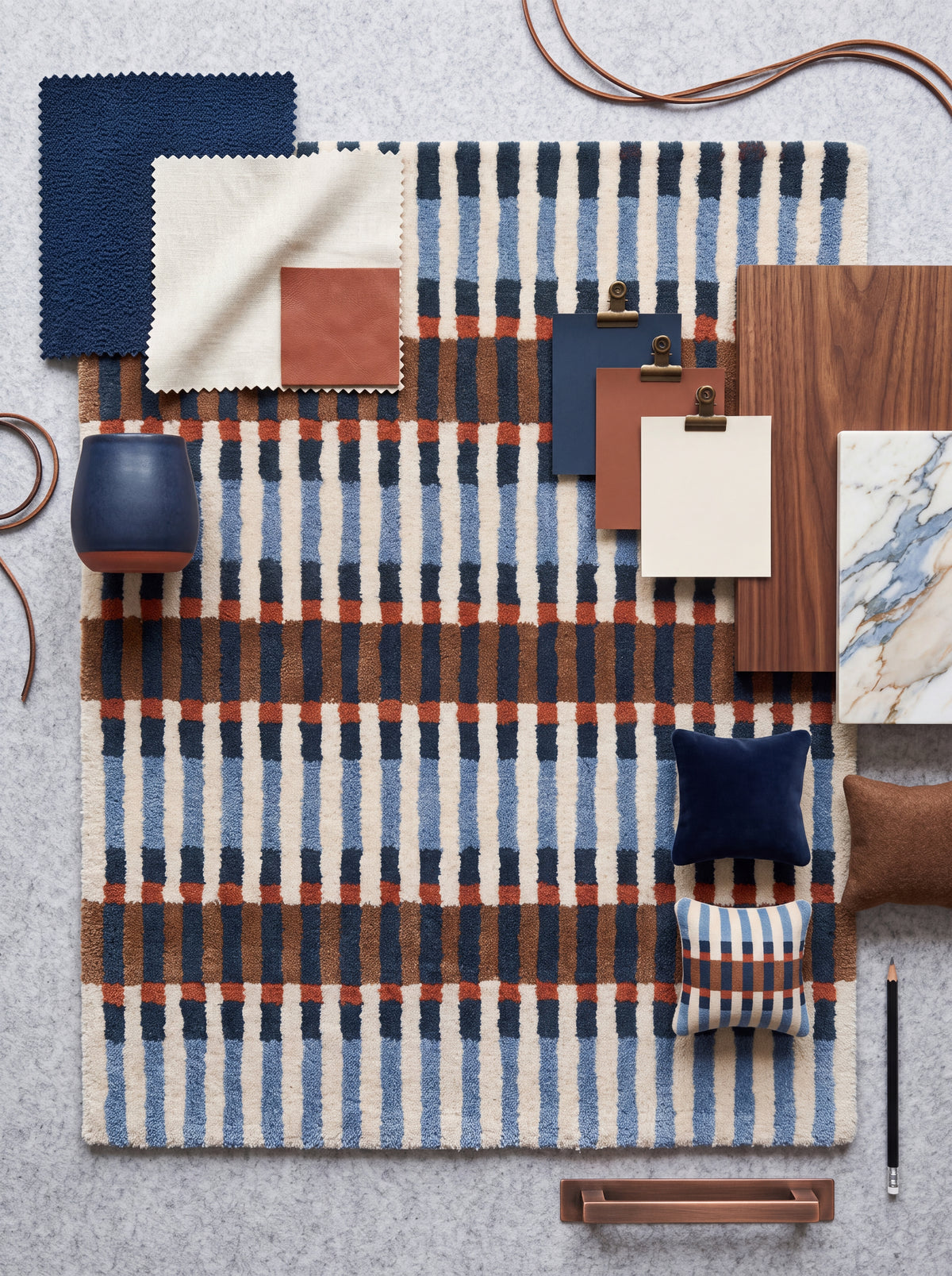 Bauhaus Barcode Hand-Tufted Wool Rug Navy Blue Terracotta & Cream Linear Block Carpet